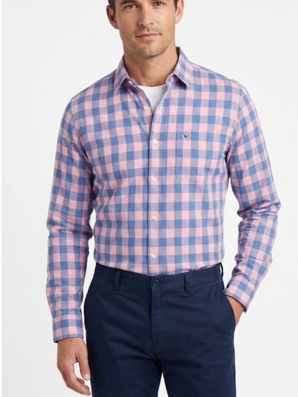Vineyard Vines Slim Longshore Blue Pink Check Button Down Cotton Shirt
